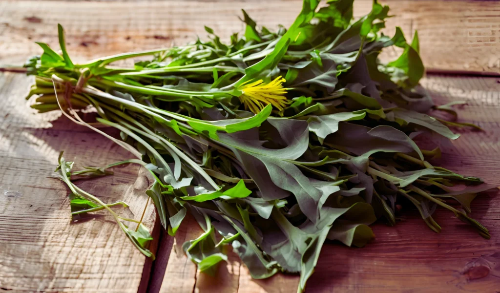 Fresh dandelion greens on a table