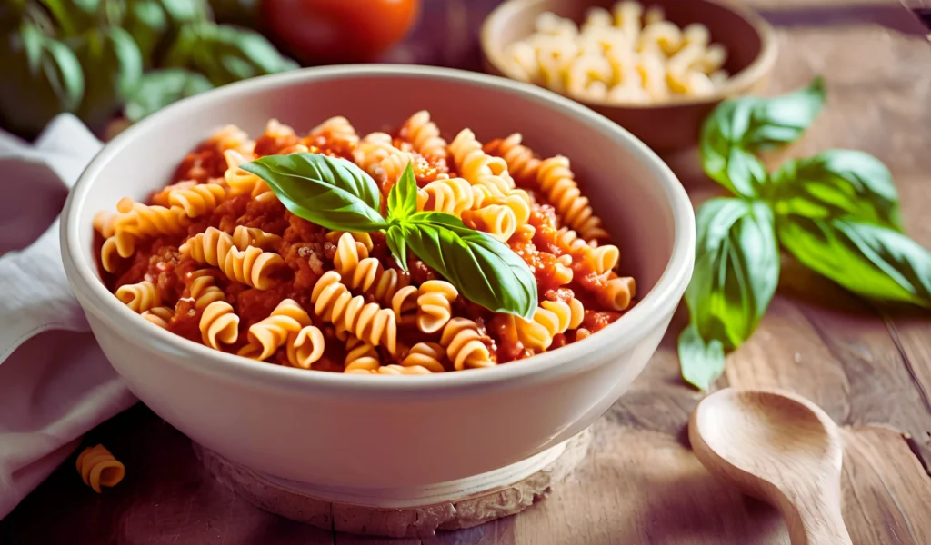 Bowl of pasta with vibrant sauce