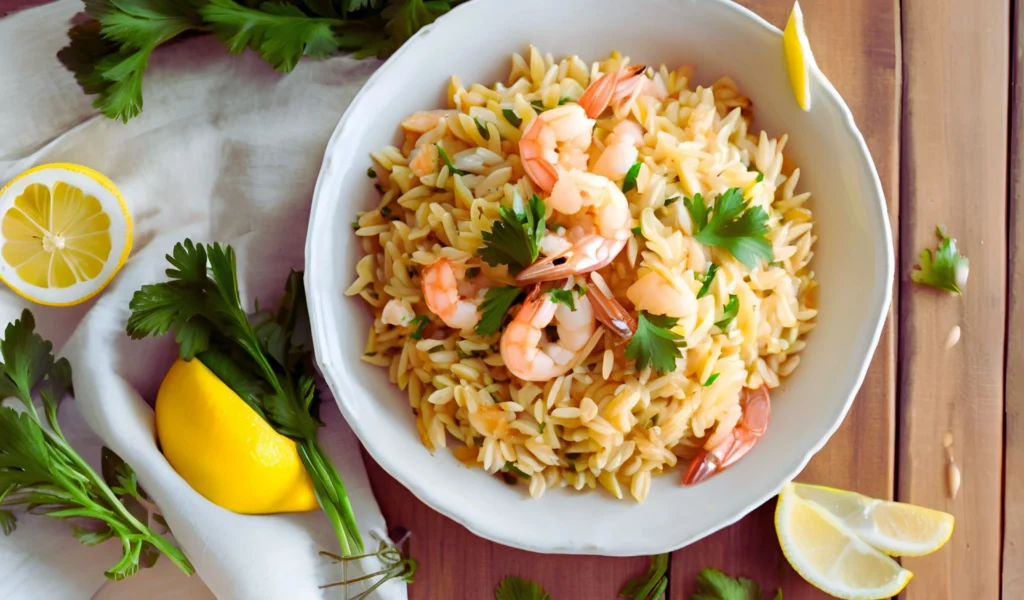 Shrimp orzo served with fresh parsley