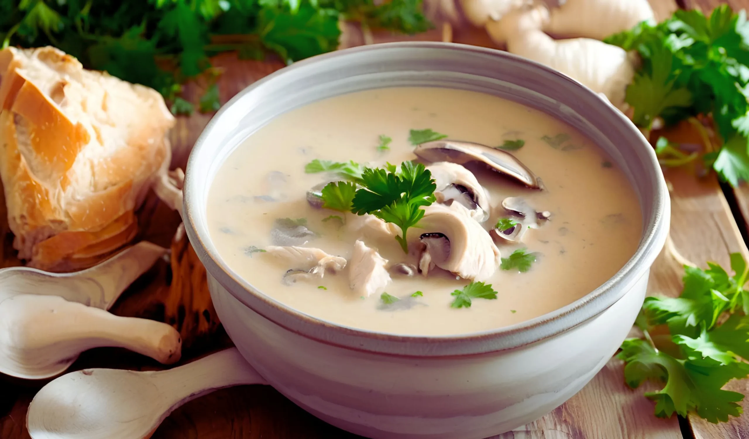 Creamy chicken soup with mushrooms