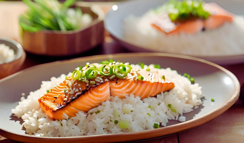 Salmon rice recipe plated dish