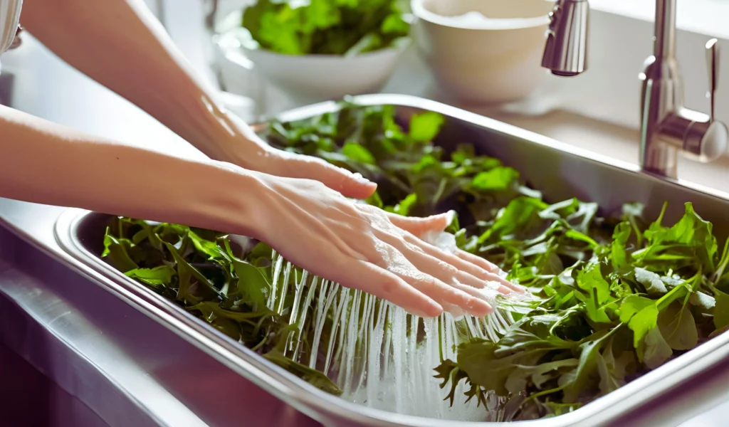 Preparing dandelion greens for cooking	