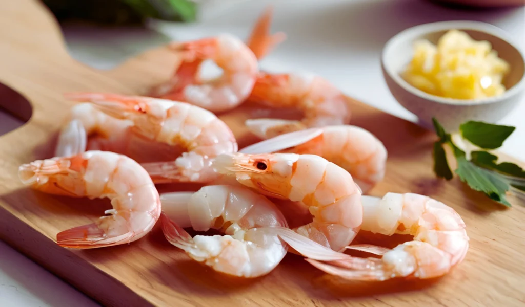 Fresh shrimp and garlic on cutting board