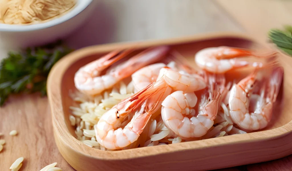 Raw shrimp and orzo on cutting board