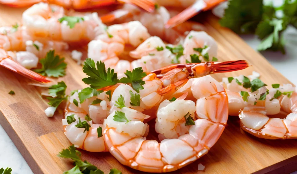 Raw jumbo shrimp on a cutting board