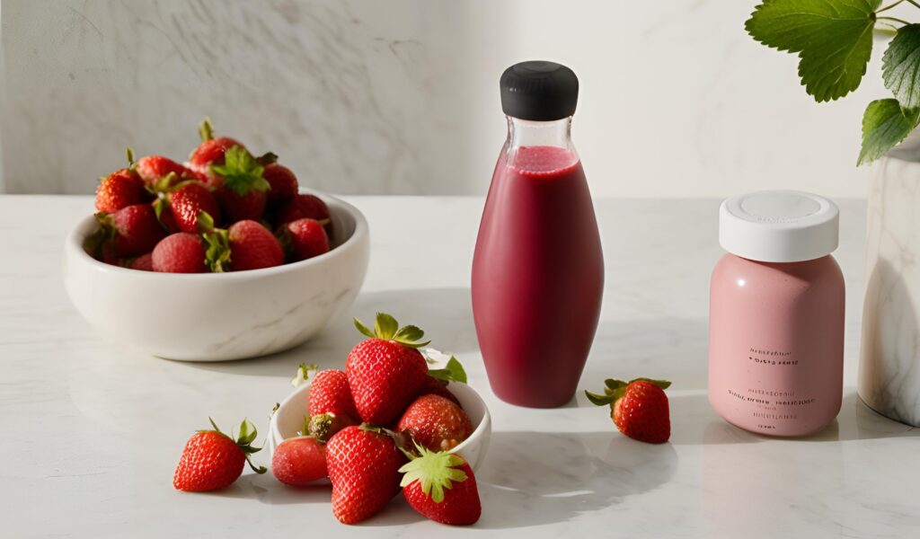 Fresh strawberries and acai powder on table