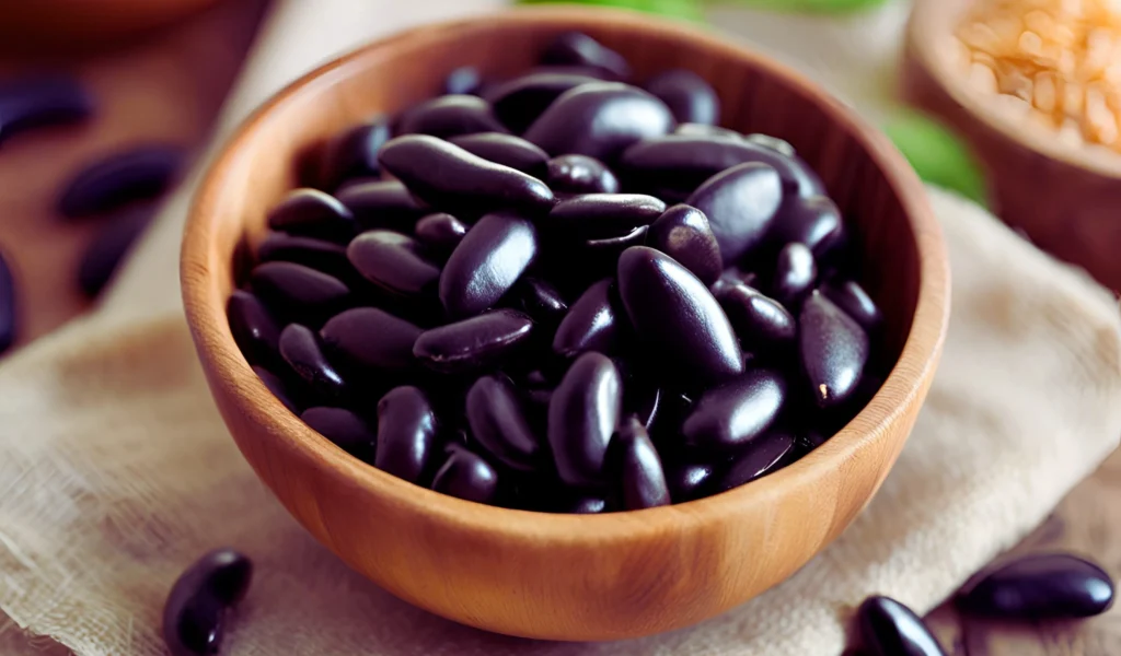 Black beans in a wooden bowl	