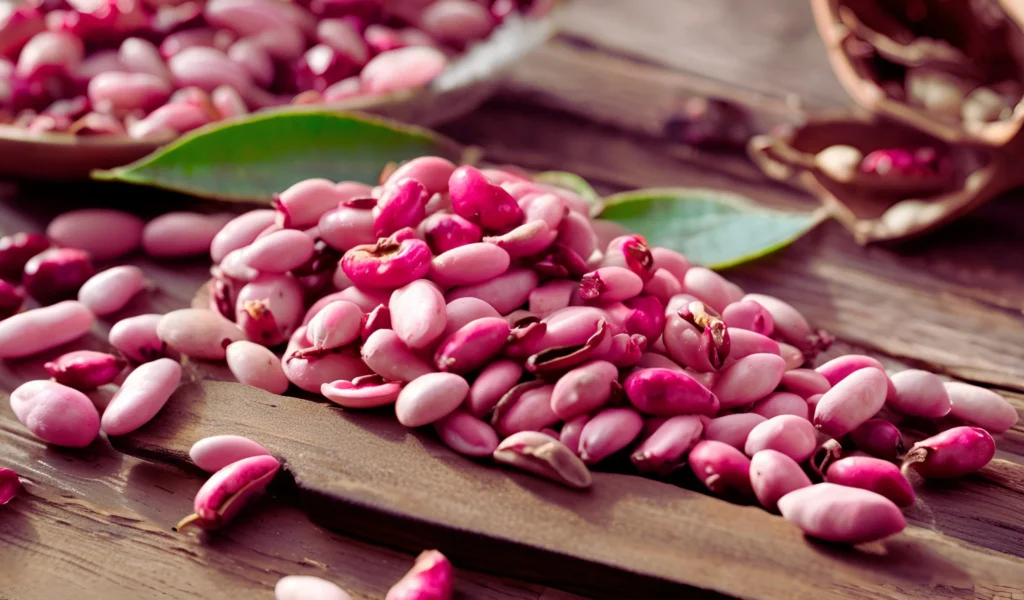 Fresh cranberry beans on wooden table