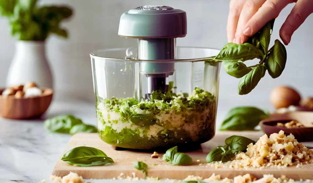 Blending walnut pesto	