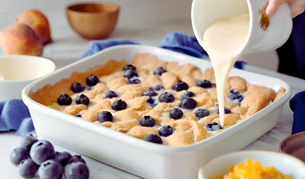 Assembling blueberry cobbler	