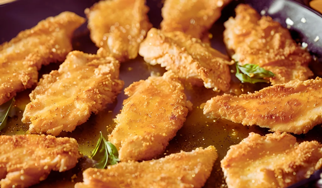 Cooking chicken strips in a skillet	