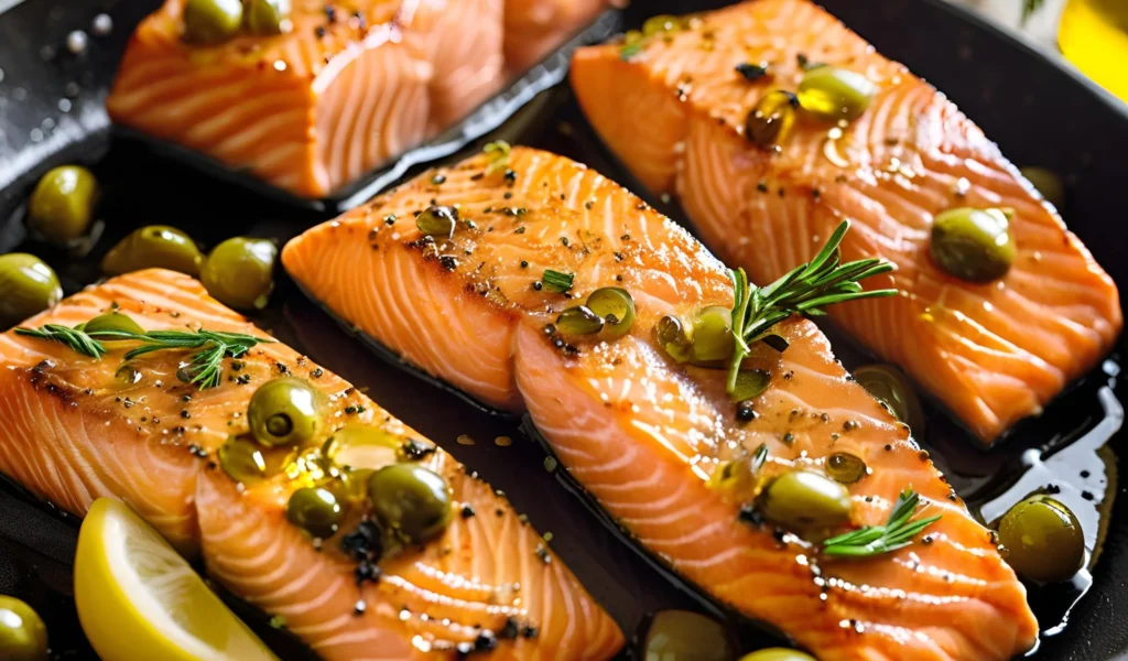 Pan-seared salmon in a skillet	