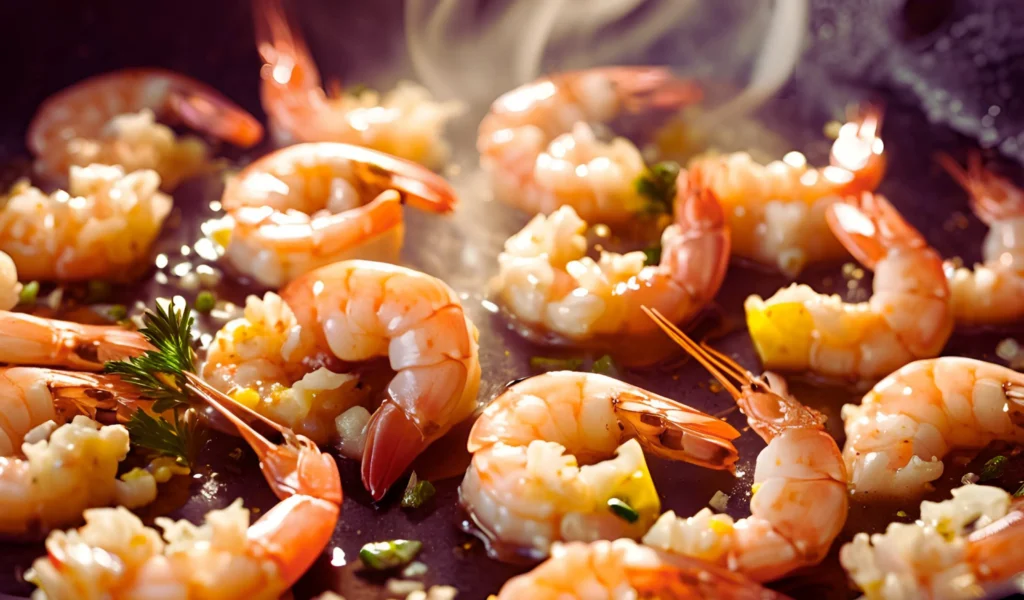 Shrimp sizzling in a skillet with garlic