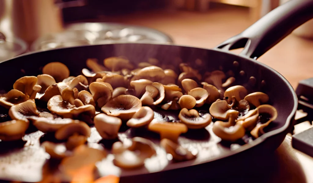 Cooking process with mushrooms in pan