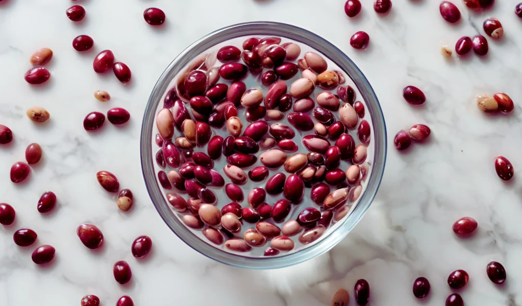 Dried beans soaking in a glass bowl