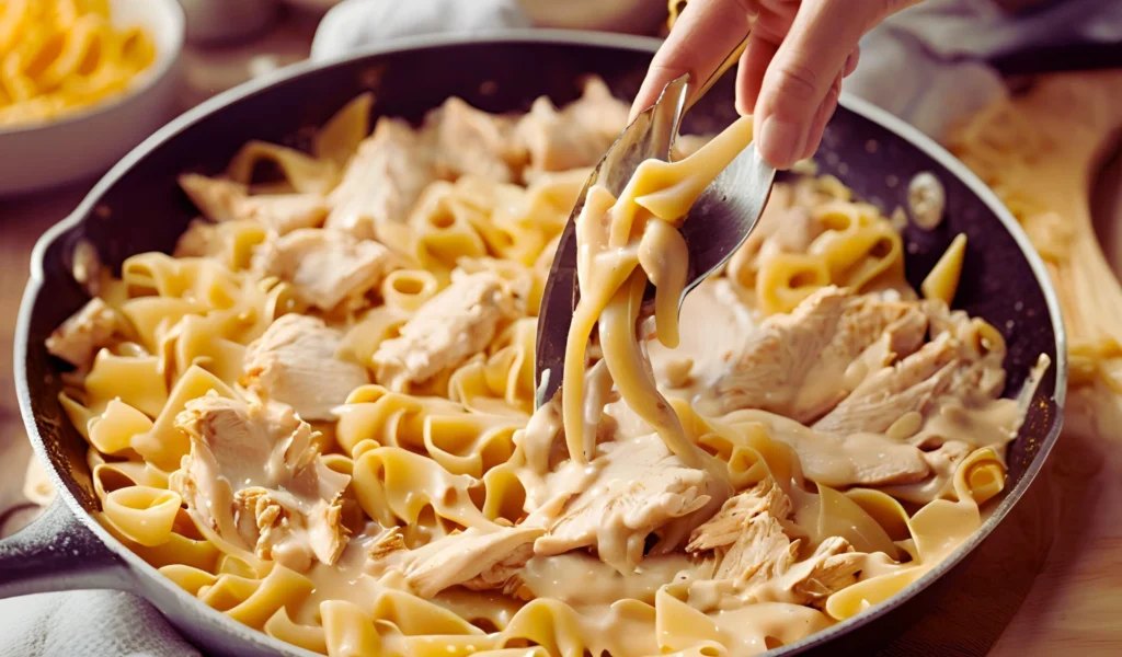 Chicken pasta mixing in skillet	