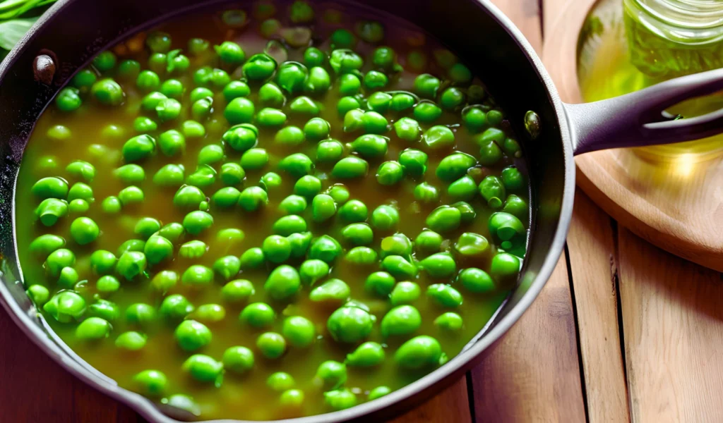 Fresh peas simmering in skillet	