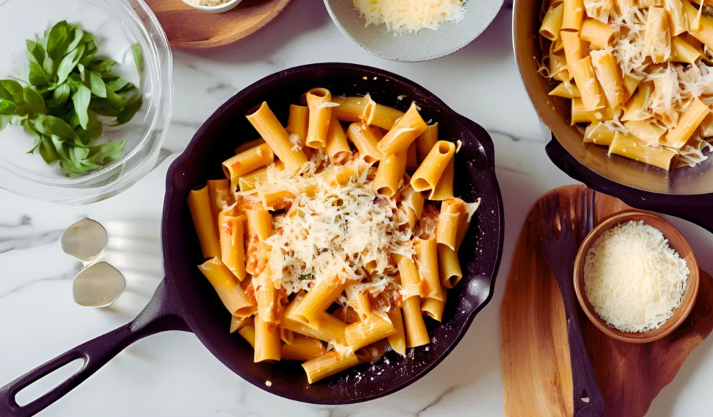 Tossing rigatoni with sauce	