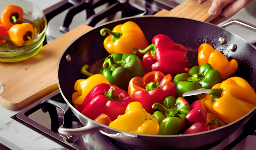 Sautéing bell peppers in a skillet	