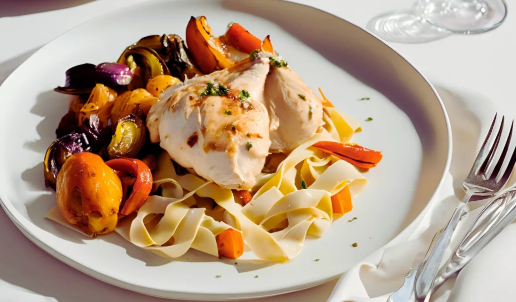 Plated chicken with side dishes	