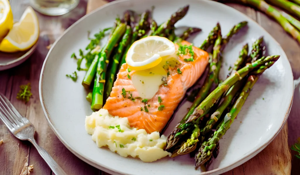 Plated salmon with side dishes	