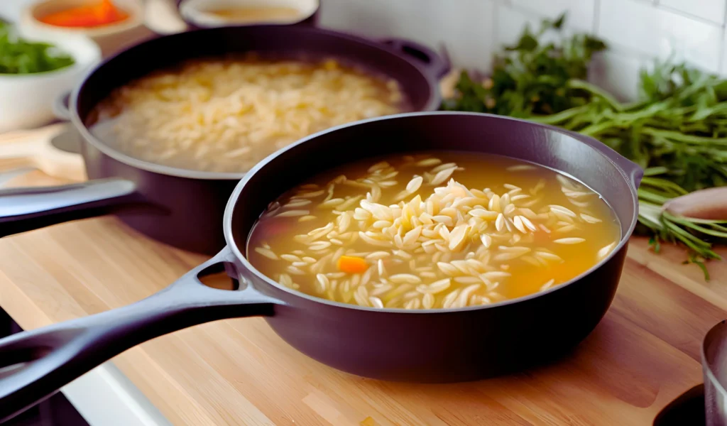 Orzo simmering in broth with a spoon