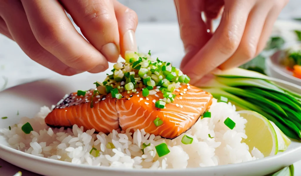 Layering salmon onto cooked rice	