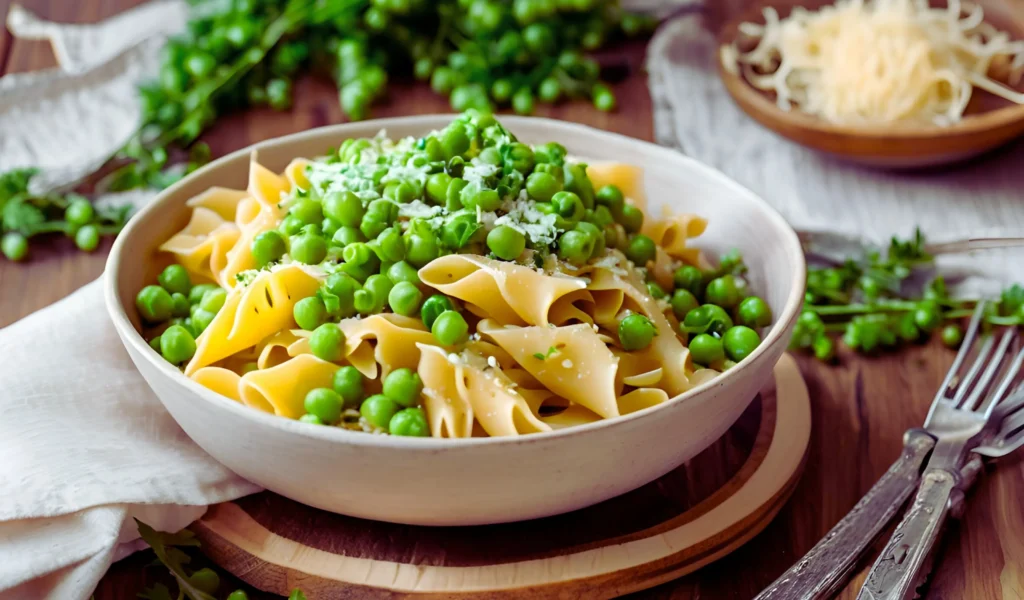 Plated pasta and peas with garnish	