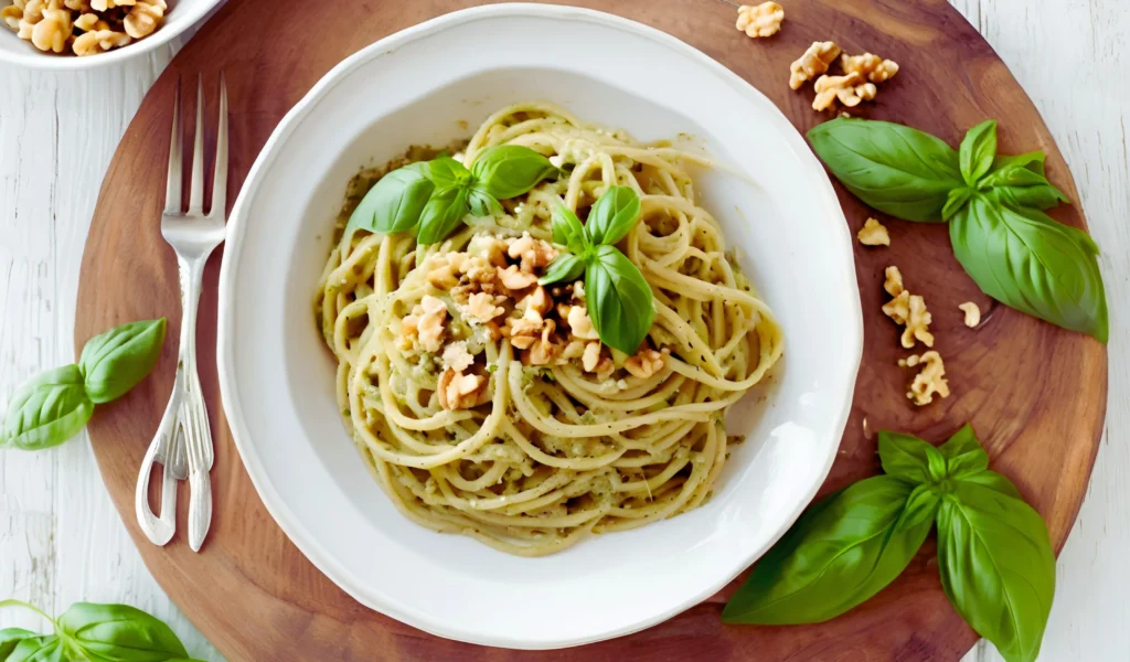 Serving pasta with walnut pesto	