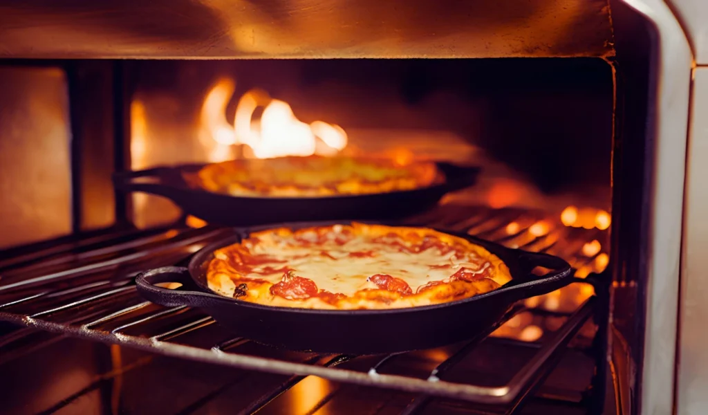 Cast iron pizza in the oven	