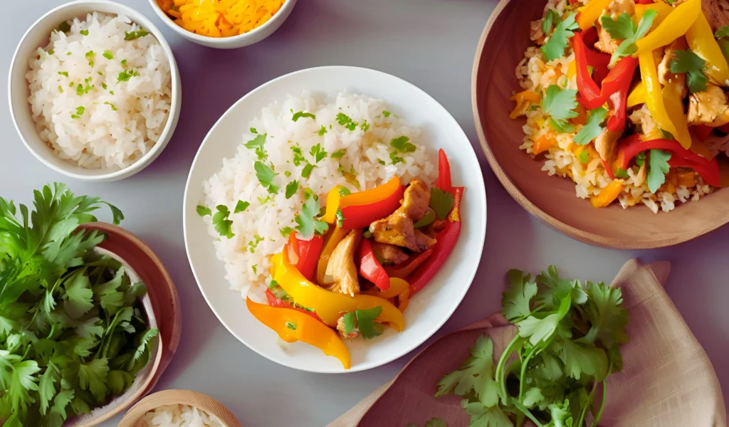 Plated chicken and peppers with rice	