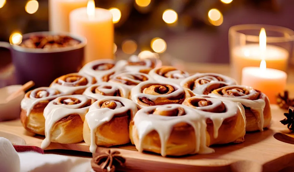 Iced cinnamon rolls served on a platter	