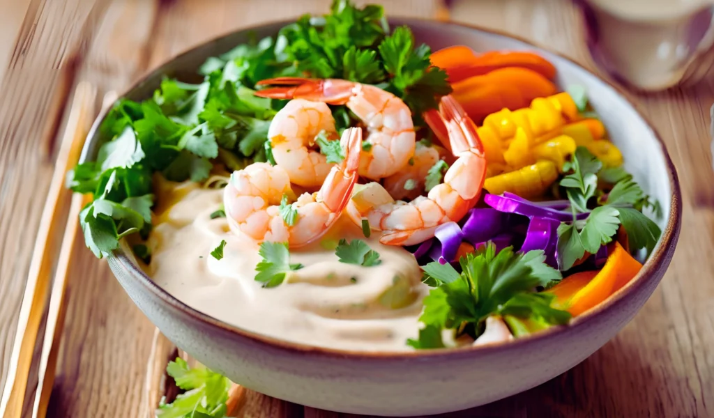 Vibrant shrimp bowl ready to serve	