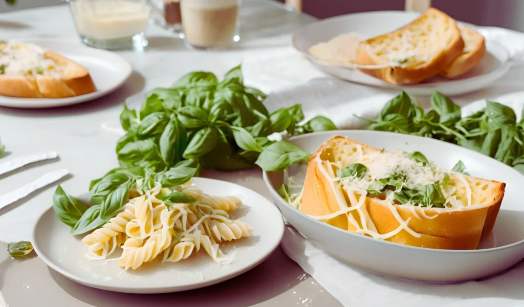 Served pasta with basil garnish	