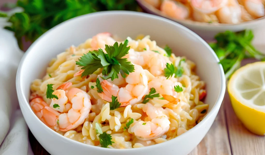 Spoon the shrimp orzo onto a serving dish. Garnish with freshly chopped parsley, a sprinkle of lemon zest, and optional red pepper flakes for a pop of color and heat. Serve with lemon wedges on the side for added brightness.