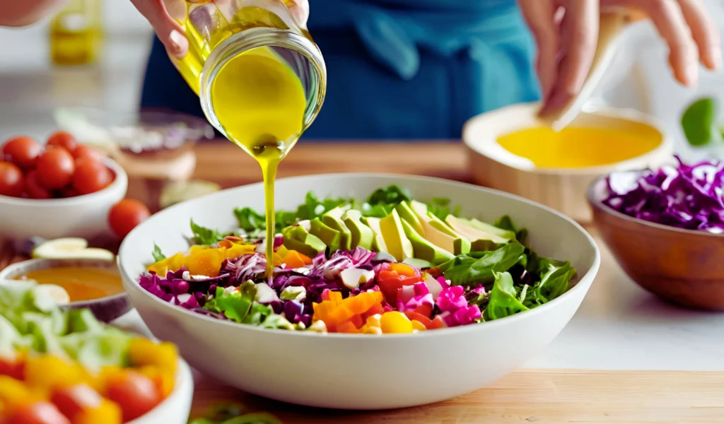 Topping a salad with 
 dressing