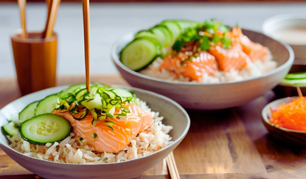 Finished salmon rice with garnishes