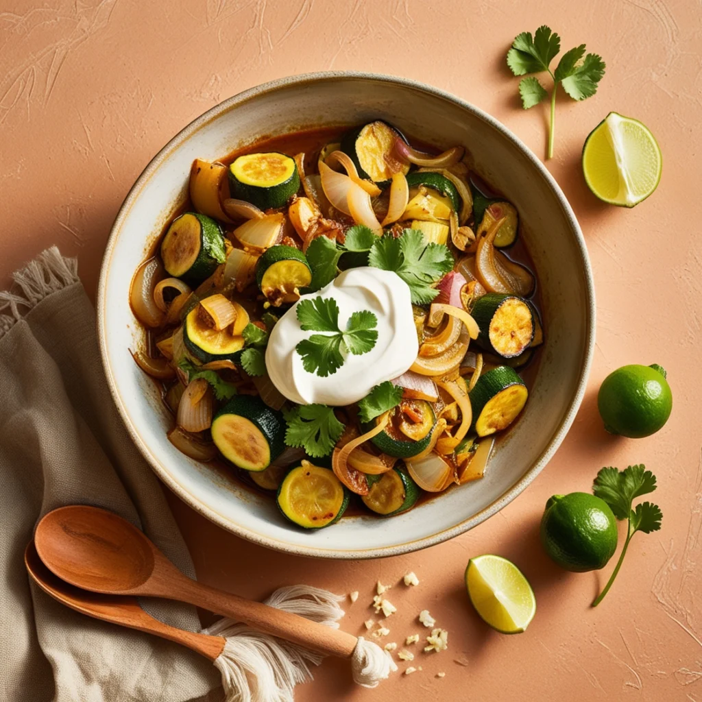 A vibrant calabacitas dish in a skillet with zucchini, corn, and tomatoes.