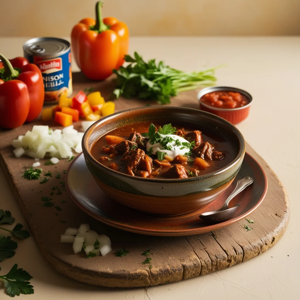 A steaming bowl of hearty venison chili recipe topped with fresh herbs and sour cream. Title: Hearty Venison Chili in a Bowl