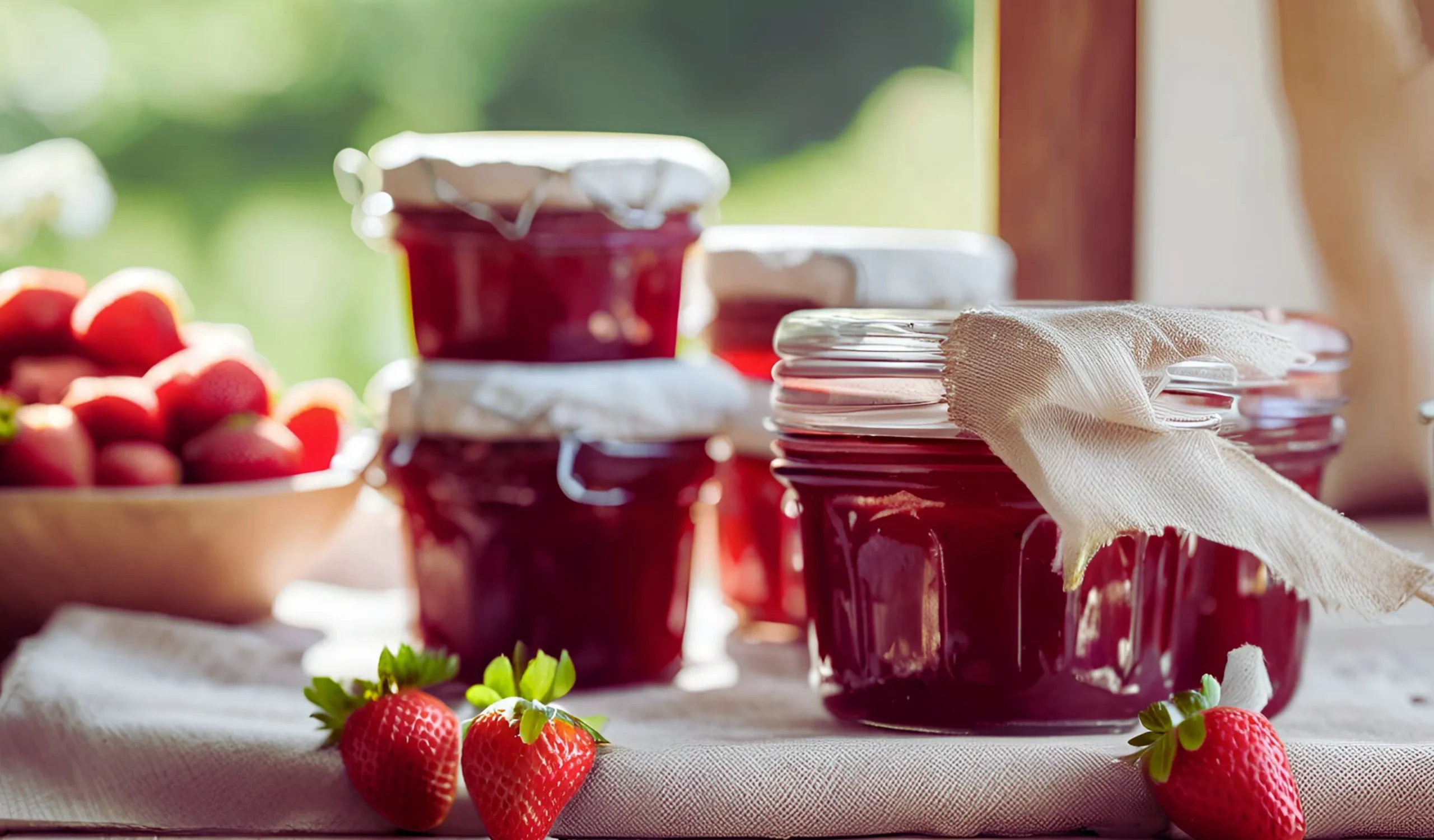 Fresh strawberry preserves in jars