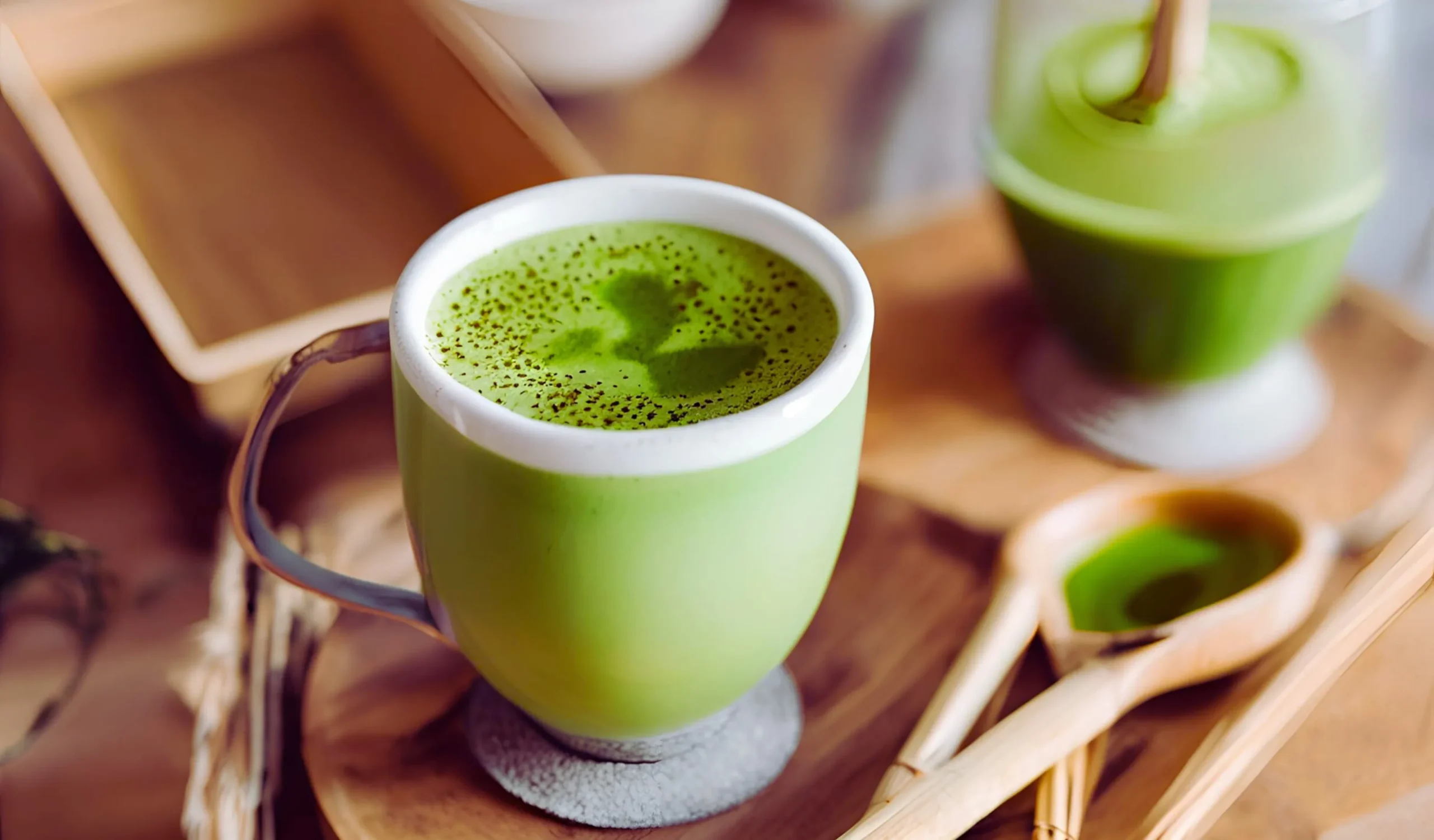 Vibrant green matcha latte in a mug