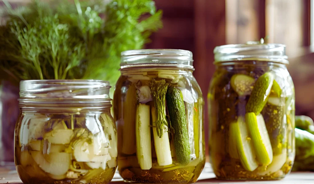 Homemade kosher dill pickles in jars