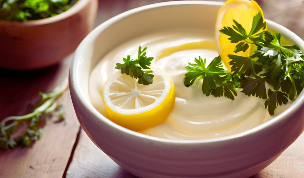 Creamy lemon aioli in a bowl