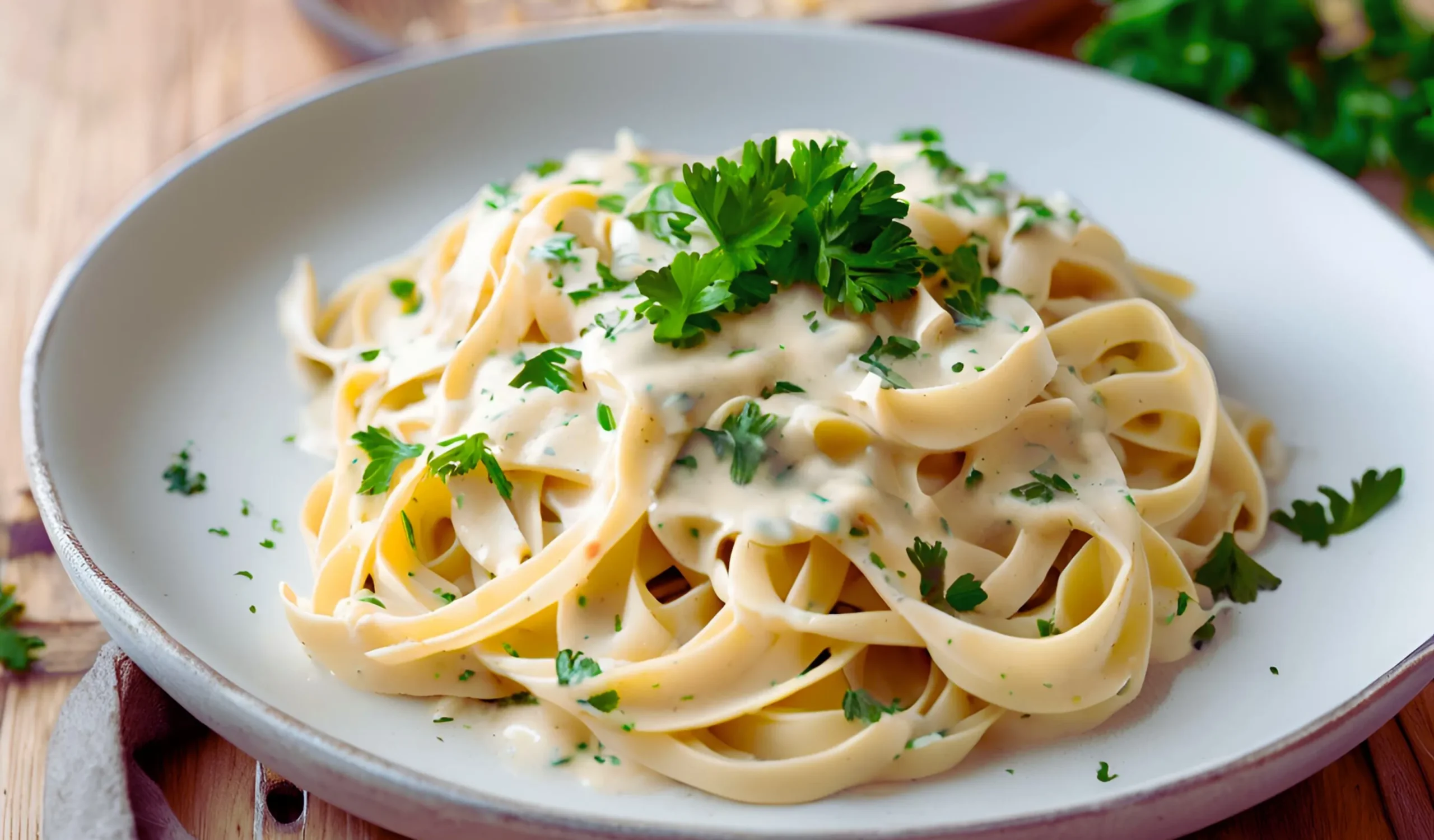 Creamy garlic sauce on pasta