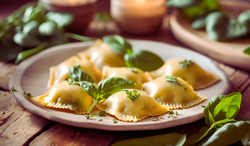 "Elegant plate of gourmet lobster ravioli topped with sage butter sauce, dramatic lighting, white plate on a dark wooden table, garnished with sage leaves, high-end restaurant presentation, moody and sophisticated style."