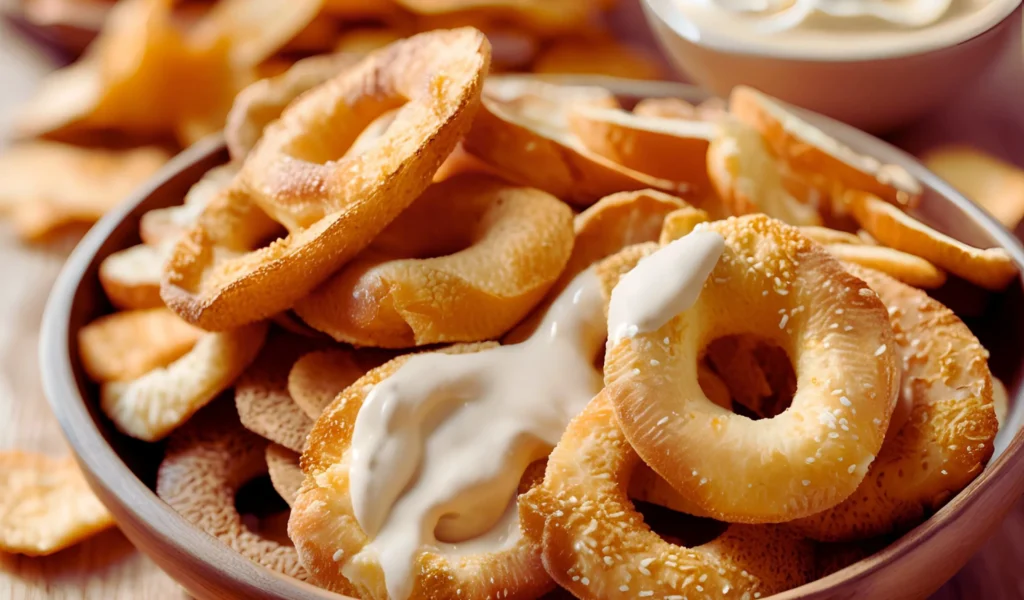 Homemade bagel chips in a bowl