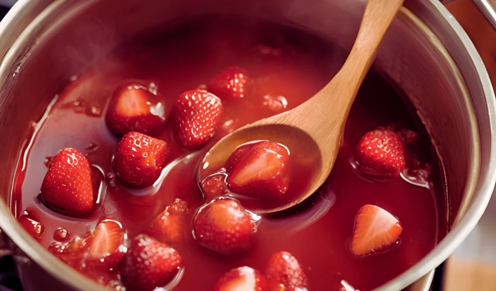 Stirring strawberry preserves in a pot	