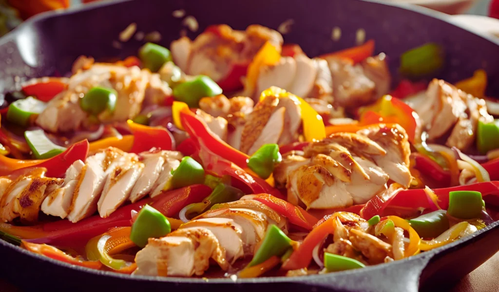 Chicken and vegetables cooking in a skillet	