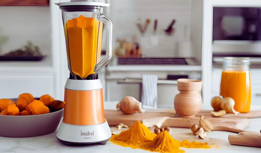 Blending fresh turmeric and ginger	