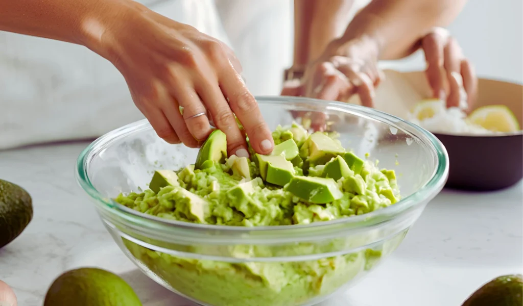 Mashing avocados in a mixing bowl	